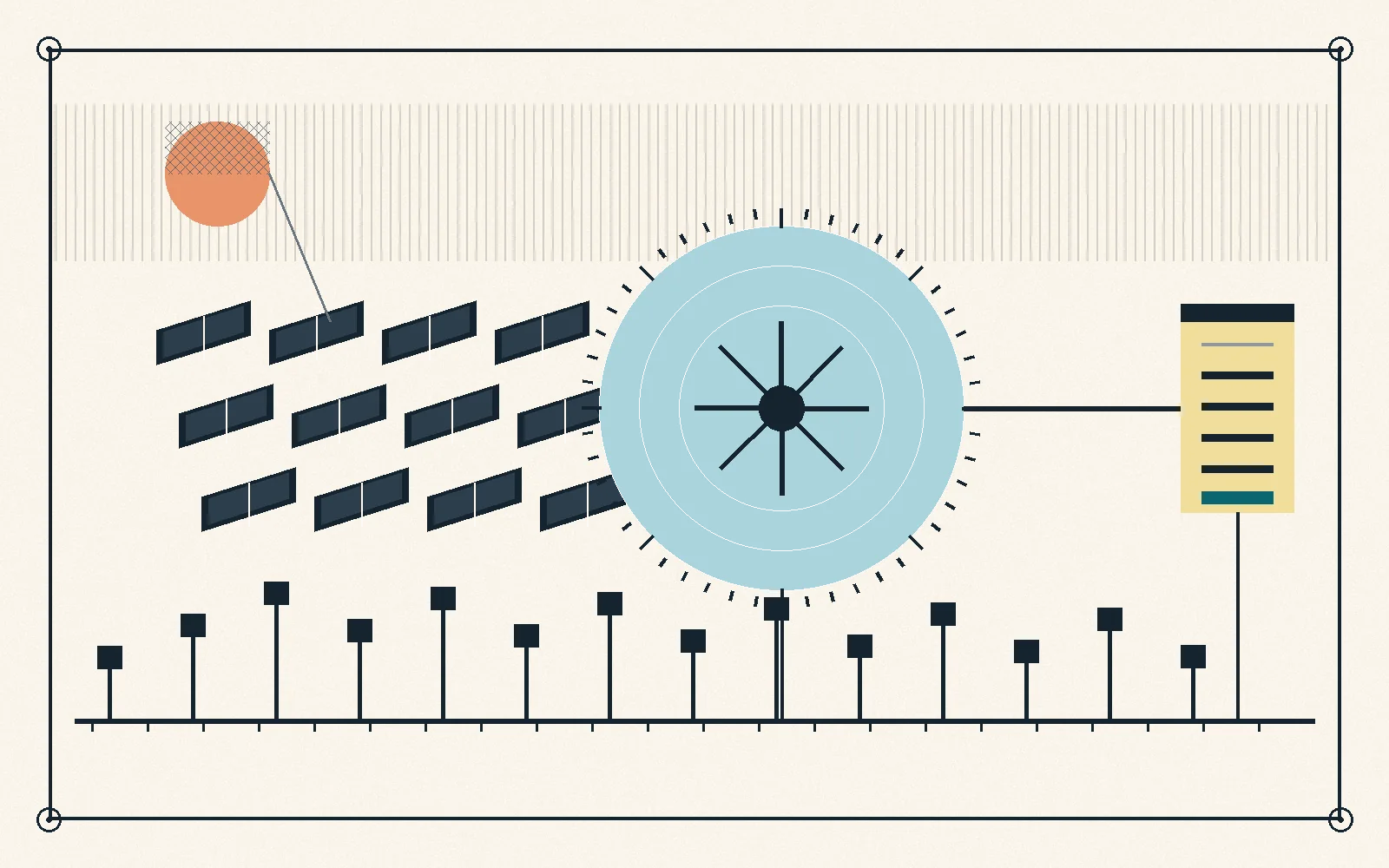 Diagram of solar panels feeding a concentric grid gauge and a battery block above a rail of building loads