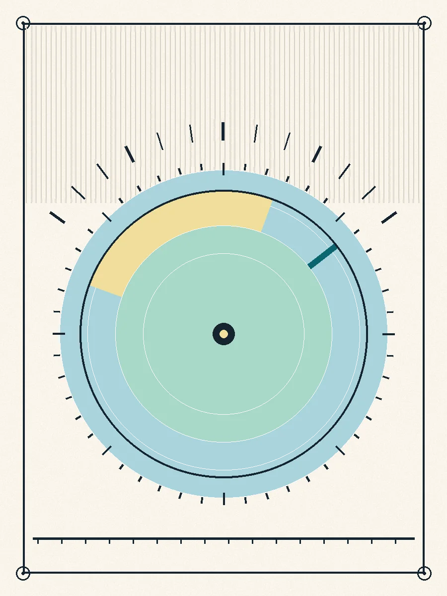 A concentric pastel barometer gauge face with a 48-tick bezel, a teal needle, a butter fan arc, and sunburst ticks