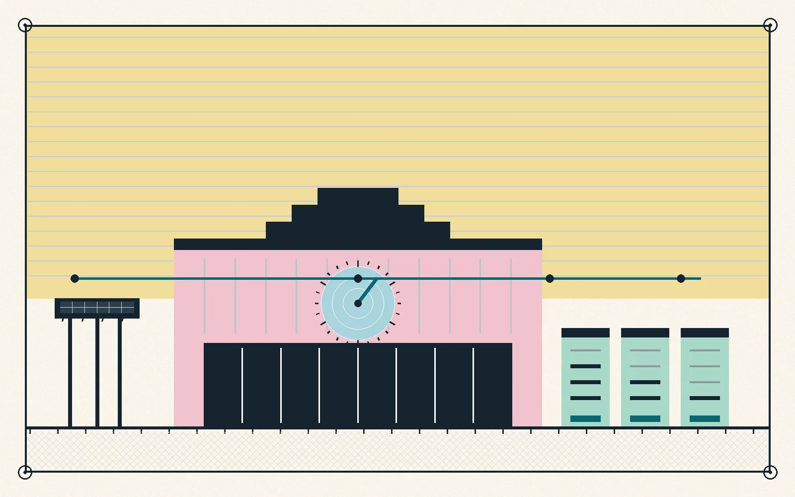 Illustration of a deco-fronted microgrid shelter with a gauge emblem, battery cabinets with charge ticks, and a solar canopy joined by a feeder line