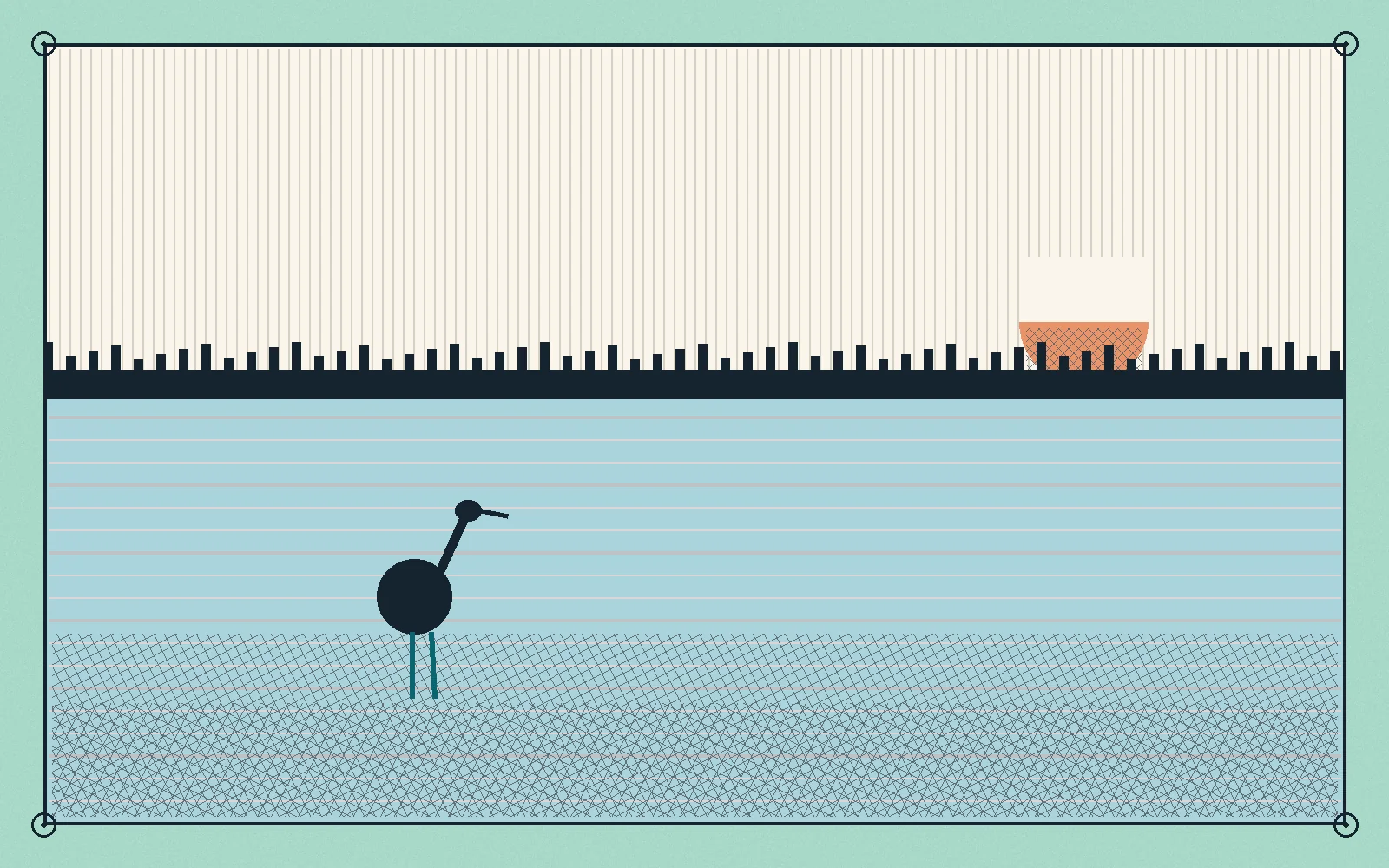 Illustration of a Florida marsh with crosshatched sawgrass, rippled water, a mangrove line, a coral half-sun, and one wading bird with teal legs
